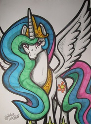 Size: 685x929 | Tagged: safe, artist:lorfis-aniu, princess celestia, g4, female, looking at you, smiling, solo, spread wings, traditional art