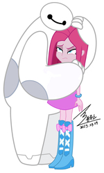 Size: 2102x3494 | Tagged: safe, artist:bluse, pinkie pie, equestria girls, g4, baymax, big hero 6, boots, bracelet, clothes, crossover, disney, high heel boots, high res, hug, jewelry, pinkamena diane pie, show accurate, simple background, skirt, white background