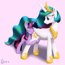 Size: 1300x1297 | Tagged: safe, artist:galekz, artist:sokolas, princess celestia, twilight sparkle, pony, g4, bipedal, blushing, butthug, eyes closed, faceful of ass, female, frown, hug, lesbian, looking back, nuzzling, personal space invasion, ship:twilestia, shipping, smiling, sunbutt, tell me your secrets, wavy mouth