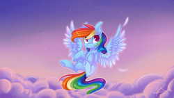 Size: 1920x1080 | Tagged: safe, artist:snowsky-s, rainbow dash, pegasus, pony, g4, cloud, feather, female, flying, grin, mare, sky, solo, spread wings, stars, wings