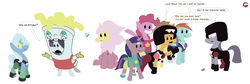 Size: 4745x1595 | Tagged: safe, artist:liracrown, applejack, fluttershy, maud pie, pinkie pie, rainbow dash, rarity, trixie, twilight sparkle, butterfly, earth pony, pegasus, pony, unicorn, g4, amethyst, amethyst (steven universe), animal costume, bipedal, clothes, cosplay, costume, crystal gems, female, food, food costume, french fries, french fries costume, frybo, garnet (steven universe), gem, group, hilarious in hindsight, limb enhancers, lion (steven universe), lion costume, mane six, mare, mascot, pearl, pearl (steven universe), peridot, peridot (steven universe), quartz, rock, steven quartz universe, steven universe, third eye