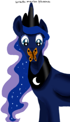 Size: 463x803 | Tagged: safe, artist:wrath-marionphauna, princess luna, alicorn, butterfly, pony, g4, butterfly on nose, crown, female, insect on nose, jewelry, makeup, regalia, solo, surprised