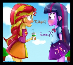Size: 1000x882 | Tagged: safe, artist:vixelzf, sunset shimmer, twilight sparkle, equestria girls, g4, my little pony equestria girls: rainbow rocks, blushing, clothes, crying, cute, legs together, sad, sadorable, skirt, sunlight, twilight sparkle (alicorn), twilight sparkle's skirt
