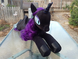 Size: 2560x1920 | Tagged: safe, artist:neysanight, oc, oc only, oc:nyx, alicorn, pony, irl, lying down, outdoors, photo, plushie, prone, solo, table