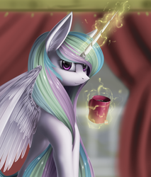 Size: 1437x1685 | Tagged: dead source, safe, artist:f13proxima, princess celestia, alicorn, pony, g4, female, magic, solo, tea, telekinesis