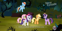 Size: 1575x793 | Tagged: safe, screencap, applejack, fluttershy, pinkie pie, rainbow dash, rarity, twilight sparkle, alicorn, pony, g4, female, mane six, mare, meme, twilight sparkle (alicorn), youtube caption