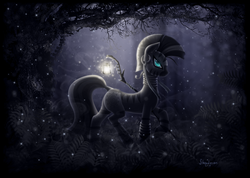 Size: 3500x2489 | Tagged: safe, artist:shaadorian, zecora, zebra, g4, dark, female, forest, glowing eyes, high res, lantern, neo noir, night, partial color, solo