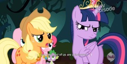 Size: 1591x811 | Tagged: safe, screencap, applejack, fluttershy, pinkie pie, spike, twilight sparkle, alicorn, pony, g4, big crown thingy, female, it's happening, jewelry, mare, meme, regalia, twilight sparkle (alicorn), youtube caption