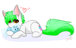 Size: 800x500 | Tagged: dead source, safe, artist:echojellymutt, trixie, oc, oc:lust mint, pony, unicorn, g4, :3, blushing, canon x oc, cute, heart, hug, looking at you, male, plushie, prone, smiling, stallion