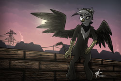 Size: 1280x861 | Tagged: safe, artist:slawomiro, gilda, griffon, semi-anthro, g4, female, goggles, neckerchief, power line, pylon, sitting, solo, spread wings, sun, wall