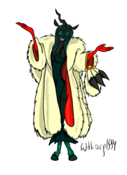 Size: 1856x2560 | Tagged: safe, artist:witkacy1994, queen chrysalis, changeling, changeling queen, anthro, unguligrade anthro, g4, 101 dalmatians, clothes, cruella de vil, dress, eyes closed, female, fur coat, gloves, purse, simple background, smiling, solo, transparent background