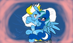 Size: 1280x750 | Tagged: safe, artist:whatanobody, oc, oc only, oc:azure depths, oc:cold front, pony, bed, blanket, blushing, cuddling, cute, cutie mark, male, pillow, snuggling, stallion