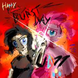 Size: 768x768 | Tagged: safe, artist:frist44, pinkie pie, oc, unnamed oc, human, g4, birthday, explosion, gift art, hotblooded pinkie pie