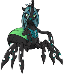 Size: 872x1024 | Tagged: safe, artist:tebasaki, color edit, edit, queen chrysalis, changeling, changeling queen, drider, monster pony, original species, spider, spiderling, spiderpony, g4, colored, crown, female, jewelry, lidded eyes, open mouth, regalia, simple background, solo, species swap, white background