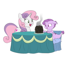 Size: 1138x900 | Tagged: safe, artist:carnifex, sweetie belle, oc, oc:lavender, dracony, hybrid, g4, aunt and niece, breakfast is ruined, burned, burnt, epic fail, fanfic art, floppy ears, frown, interspecies offspring, offspring, older, open mouth, pancakes, parent:rarity, parent:spike, parents:sparity, simple background, smiling, sweetie belle can't cook, transparent background