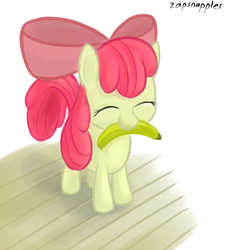 Size: 1920x1920 | Tagged: safe, artist:zapplebow, apple bloom, earth pony, pony, g4, banana, bananabloom, eyes closed, female, filly, mouth hold, solo