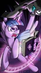 Size: 750x1334 | Tagged: safe, artist:burning-heart-brony, twilight sparkle, alicorn, changeling, pony, g4, book, female, fight, magic, mare, phone wallpaper, runes, spellbook, twilight sparkle (alicorn), wallpaper