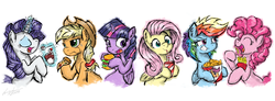 Size: 4371x1600 | Tagged: safe, artist:flutterthrash, applejack, fluttershy, pinkie pie, rainbow dash, rarity, scootaloo, twilight sparkle, alicorn, earth pony, pegasus, pony, unicorn, g4, bucket, bucket of chicken, burger, drink, eating, fast food, female, food, french fries, fried chicken, ice cream, line-up, mane six, mare, omnivore twilight, pizza, ponies eating meat, scootachicken, sundae, that pony sure does love burgers, twilight burgkle, twilight sparkle (alicorn)