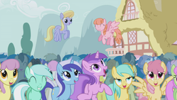 Size: 1366x768 | Tagged: safe, screencap, amethyst star, carrot top, cherry cola, cherry fizzy, cloud kicker, coco crusoe, dizzy twister, doctor whooves, golden harvest, lemon hearts, lyra heartstrings, merry may, minuette, orange swirl, parasol, rainbowshine, sparkler, sunshower raindrops, time turner, twinkleshine, earth pony, pony, boast busters, g4