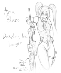 Size: 780x936 | Tagged: safe, artist:figgot, aria blaze, human, equestria girls, g4, female, gun, knife, lawyer, leaning, monochrome, rifle, solo, steampunk