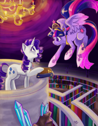 Size: 1696x2186 | Tagged: safe, artist:palolabg, discord, rarity, twilight sparkle, alicorn, pony, fanfic:the enchanted library, balcony, book, chandelier, crystal, duo, element of magic, ethereal mane, fanfic art, fanfic cover, female, flying, lesbian, library, mare, rarilight, regalia, shadow, shipping, twilight sparkle (alicorn)