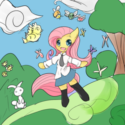 Size: 1000x1000 | Tagged: safe, artist:mabo3, angel bunny, fluttershy, parasprite, anthro, g4, clothes, female, pixiv, solo