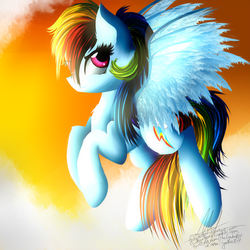 Size: 3000x3000 | Tagged: safe, artist:thelyuba1211, rainbow dash, g4, feather, female, flying, high res, solo