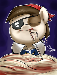 Size: 1542x2027 | Tagged: safe, artist:ohmymarton, pipsqueak, g4, colt, eating, eyepatch, foal, food, male, messy eating, pipsqueak eating spaghetti, pirate, solo, spaghetti