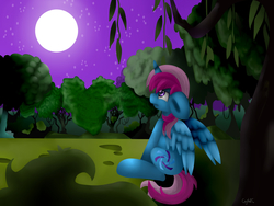 Size: 1600x1200 | Tagged: safe, artist:crystalcolour, oc, oc only, oc:parcly taxel, alicorn, pony, alicorn oc, everfree forest, moon, night, solo, stars