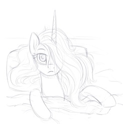 Size: 799x810 | Tagged: safe, artist:verulence, princess celestia, g4, bed, female, hair over one eye, monochrome, sketch, solo