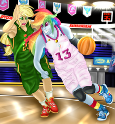 Size: 3802x4082 | Tagged: safe, artist:sonson-sensei, applejack, rainbow dash, equestria girls, g4, armpits, basketball, clothes, duo, duo female, female, shoes, sleeveless, sports