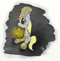 Size: 737x756 | Tagged: safe, artist:dennyhooves, derpy hooves, pegasus, pony, g4, female, food, jack-o-lantern, mare, paper bag, paper bag wizard, pumpkin, solo