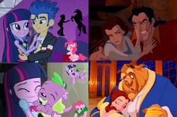 Size: 1600x1057 | Tagged: safe, edit, edited screencap, screencap, flash sentry, pinkie pie, spike, twilight sparkle, dog, human, equestria girls, g4, my little pony equestria girls: rainbow rocks, beauty and the beast, belle, comparison, female, gaston legume, implied bestiality, male, op is a duck, op is trying to start shit, ship:flashlight, ship:twispike, shipper on deck, shipping, shipping denied, silhouette, spike the dog, spikelove, straight, the beast