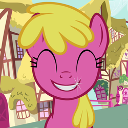 Size: 720x720 | Tagged: safe, screencap, cherry berry, ruby pinch, earth pony, pony, a friend in deed, g4, cherrybetes, cute, eyes closed, female, grin, happy, offscreen character, ponyville, shiny, smile song, smiling, solo, teeth