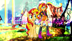 Size: 1920x1080 | Tagged: safe, artist:decprincess, artist:illumnious, artist:masem, sunset shimmer, human, pony, unicorn, equestria girls, g4, rainbow falls, human ponidox, smiling, vector, wallpaper