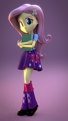 Size: 1080x1920 | Tagged: safe, artist:3d thread, artist:creatorofpony, fluttershy, twilight sparkle, equestria girls, g4, 3d, 3d model, blender, book, boots, clothes, clothes swap, looking at you, shirt, shoes, skirt, solo, twilight sparkle's clothes