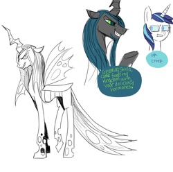 Size: 1813x1802 | Tagged: safe, artist:fiona, queen chrysalis, shining armor, g4, annoyed, beard, bedroom eyes, changeling king, disgusted, facial hair, glare, gleaming shield, grin, gritted teeth, king metamorphosis, rule 63, smirk
