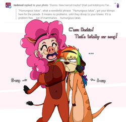 Size: 623x603 | Tagged: safe, artist:redhotkick, pinkie pie, rainbow dash, human, g4, breast envy, breasts, busty pinkie pie, clothes, costume, disney, female, grumpy, humanized, pumbaa, the lion king, timon, tumblr