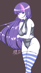 Size: 900x1596 | Tagged: safe, artist:pokuytred, twilight sparkle, human, g4, blushing, breasts, busty twilight sparkle, cleavage, clothes, female, front zipper swimsuit, humanized, one-piece swimsuit, partial color, pixiv, socks, solo, striped socks, swimsuit