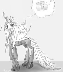 Size: 805x913 | Tagged: source needed, safe, artist:nadvgia, queen chrysalis, changeling, changeling queen, g4, cheese, female, monochrome, solo