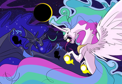 Size: 2644x1823 | Tagged: dead source, safe, artist:dotrook, nightmare moon, princess celestia, dragon, feathered dragon, g4, dragonified, dragonlestia, eclipse, epic, fight, lunadragon, species swap