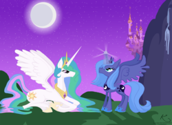 Size: 2500x1814 | Tagged: safe, artist:kae-kae, princess celestia, princess luna, alicorn, pony, g4, artifact, canterlot, duo, magic, moon, moon work, night, raising the moon, royal sisters, s1 luna, sisters, stars