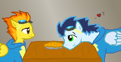 Size: 571x292 | Tagged: safe, artist:capriphon, soarin', spitfire, g4, female, male, pie, ship:soarinfire, shipping, straight