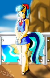 Size: 792x1224 | Tagged: safe, artist:dekomaru, coco pommel, earth pony, anthro, g4, balcony, beach, belly button, clothes, female, loco for coco, midriff, outdoors, solo