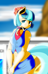 Size: 792x1224 | Tagged: safe, artist:dekomaru, coco pommel, earth pony, anthro, g4, arm boob squeeze, balcony, belly button, clothes, collar, loco for coco, midriff, skirt, smiling, vest