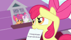 Size: 800x450 | Tagged: safe, artist:dtkraus, edit, screencap, apple bloom, scootaloo, sweetie belle, pony, unicorn, g4, season 4, somepony to watch over me, animated, apple bloom's bow, bow, cutie mark crusaders, female, filly, for realzies, gif, grin, leaving the fandom, metaphor gif, mouth hold, parody, waving