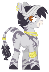 Size: 961x1410 | Tagged: safe, artist:dbkit, oc, oc only, oc:countess foresight, hybrid, zebra, backstory, ear piercing, earring, female, jewelry, lidded eyes, neck rings, piercing, simple background, solo, tail ring, transparent background, tumblr