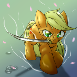 Size: 1000x1000 | Tagged: safe, artist:ushiro no kukan, applejack, g4, cherry blossoms, female, flower, flower blossom, hatless, katana, missing accessory, mouth hold, solo, sword, weapon