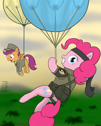 Size: 1000x1250 | Tagged: safe, artist:phallen1, pinkie pie, scootaloo, g4, balloon, big boss, clothes, crossover, duo, fulton surface-to-air recovery system, konami, metal gear, metal gear solid, metal gear solid: peace walker, military uniform, ricardo valenciano libre