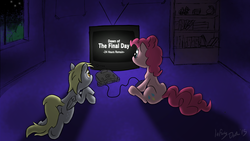 Size: 2869x1614 | Tagged: safe, artist:infinitydash, derpy hooves, pinkie pie, pegasus, pony, g4, female, mare, nintendo, nintendo 64, television, the legend of zelda, the legend of zelda: majora's mask